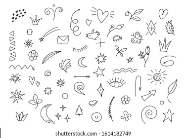 Modern abstract arrows, ribbons heart elements. Doodle decorative outline set of sketch cute arrows, flowers, direction. Vector illustration hand drawn style for concept design. 