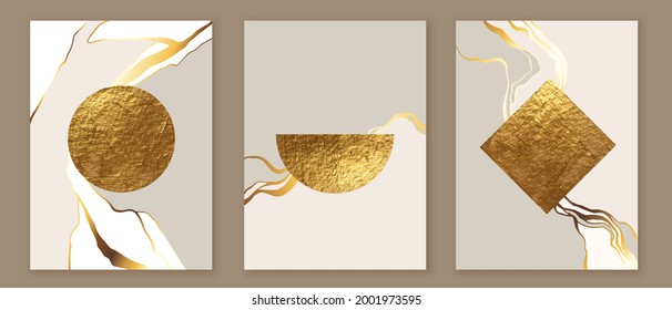 Modern Abstract Art Backgrounds. Golden Shapes, Liquid Gold Ink, Marble Texture. Design For Cover, Card, Branding, Packaging.