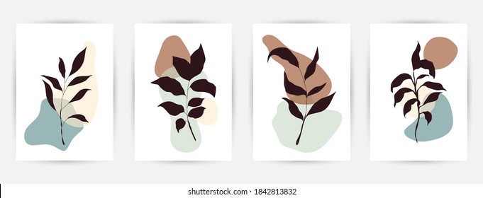 Modern abstract art backgrounds set with botanical leaves and abstract geometric shapes. Botanical wall art vector set. Art design for print, cover, wallpaper. Vector illustration