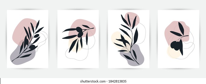 Modernos fondos artísticos abstractos con hojas botánicas y formas geométricas abstractas. Conjunto de vectores de arte mural botánico. Diseño artístico para impresión, portada, papel pintado. Ilustración del vector