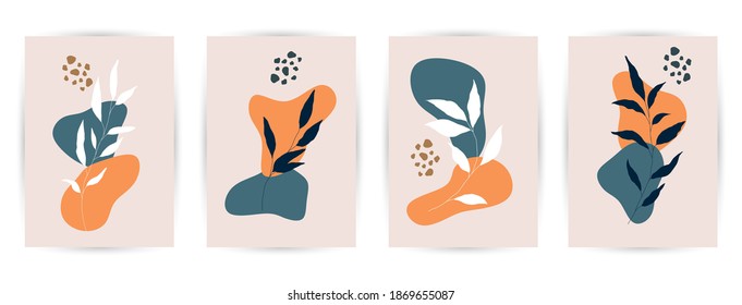 Modern abstract art backgrounds set with botanical leaves and abstract geometric shapes. Botanical wall art vector set. Art design for print, cover, wallpaper. Vector illustration