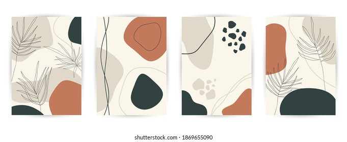 Modern abstract art backgrounds set with botanical leaves and abstract geometric shapes. Botanical wall art vector set. Art design for print, cover, wallpaper. Vector illustration