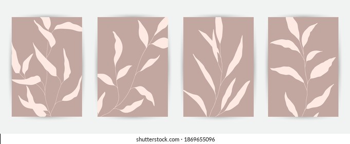 Modern abstract art backgrounds set with botanical leaves and abstract geometric shapes. Botanical wall art vector set. Art design for print, cover, wallpaper. Vector illustration