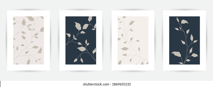 Modern abstract art backgrounds set with botanical leaves and abstract geometric shapes. Botanical wall art vector set. Art design for print, cover, wallpaper. Vector illustration