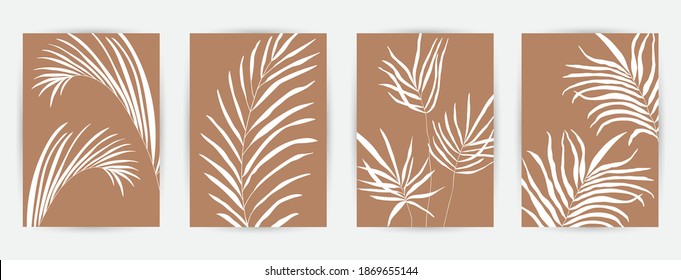 Modern abstract art backgrounds set with botanical leaves and abstract geometric shapes. Botanical wall art vector set. Art design for print, cover, wallpaper. Vector illustration