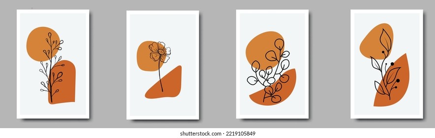 Modern abstract art backgrounds set with botanical leaves and abstract geometric shapes.
