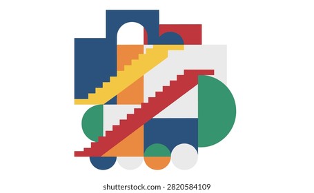 Modern abstract art collage featuring geometric architectural shapes staircase elements and arches in vibrant colors.