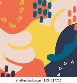 Modern abstract art design with different shapes in yellow, orange, pink, blue colours. Simple hand drawn illustration in doodle style. Modern textile, packaging, wrapping paper, card.