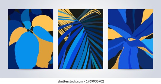 Modern abstract art design with exotic leaves in blue and mellow yellow colors. Contemporary art, cards, posters, or magazine covers, packaging and branding design. Trendy summer tropical background