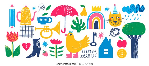 Modern abstract art design with hand drawn elements. Vector wide size 
illustration of cute shapes and doodles in modern style.  Doodle icons and logos  in trendy hand drawn style. 