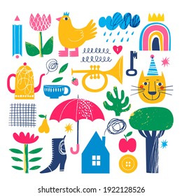 Modern abstract art design with hand drawn elements. Vector square  illustration of cute shapes and doodles in modern style.  Doodle icons and logos  in trendy hand drawn style. 