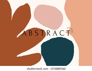 Modern abstract art design with organic shapes in trendy warm colors and sample text. Contemporary collage wall art, flyer, newsletter, magazine cover, packaging and branding design.