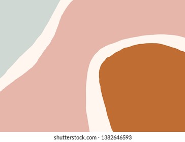 Modern abstract art design with organic shapes in orange, light blue and pastel pink. Contemporary collage wall art, flyer, newsletter, magazine cover, packaging and branding design.