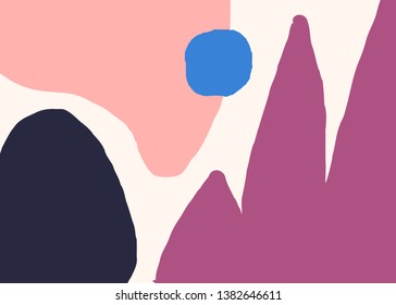 Modern abstract art design with organic shapes in blue, black and pastel pink. Contemporary collage wall art, flyer, newsletter, magazine cover, packaging and branding design.