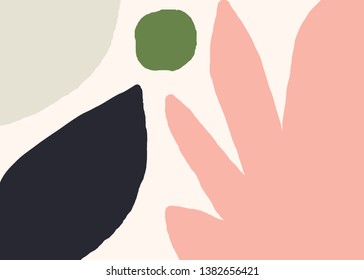 Modern abstract art design with organic shapes in green, blue and pastel pink. Contemporary collage wall art, flyer, newsletter, magazine cover, packaging and branding design.