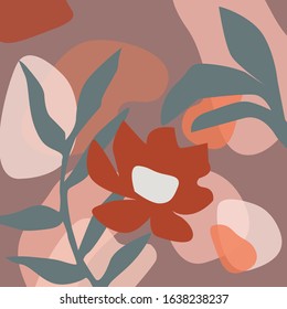 Modern abstract art design with organic shapes. Contemporary collage style design with hand drawn botanical elements and abstract shapes in trendy warm color palette. 