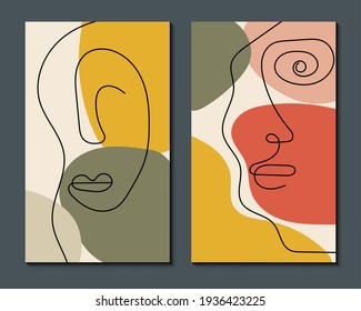 Modern abstract art face. Set of abstract backgrounds with minimal shapes and lines. Home decor design. Hand drawn watercolor effect painting shapes and line art faces. Contemporary boho design.