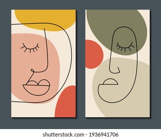 Modern abstract art face. Set of abstract backgrounds with minimal shapes and lines. Home decor design. Hand drawn watercolor effect painting shapes and line art faces. Contemporary boho design.