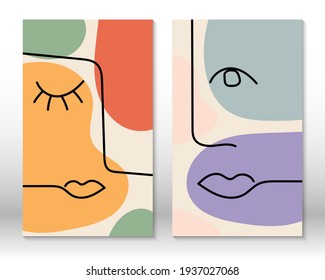 Modern abstract art face. Set of abstract backgrounds with minimal shapes and lines. Home decor design. Hand drawn watercolor effect painting shapes and line art faces. Contemporary design.