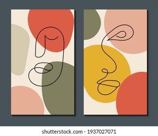 Modern abstract art face. Set of abstract backgrounds with minimal shapes and lines. Home decor design. Hand drawn watercolor effect painting shapes and line art faces. Contemporary boho design.