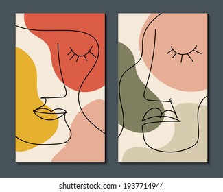 Modern abstract art face. Set of abstract backgrounds with minimal shapes and lines. Home decor design. Hand drawn watercolor effect painting shapes and line art faces. Contemporary boho design.