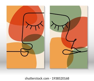 Cara de arte abstracta moderna. Conjunto de fondos abstractos con formas y líneas mínimas. Decoración casera. Efecto acuarela dibujado a mano para pintar formas y rostros de líneas de arte. Diseño boho contemporáneo.