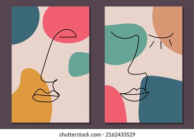Cara de arte abstracta moderna. Conjunto de fondos abstractos con formas y líneas mínimas. Decoración casera. Efecto acuarela dibujado a mano para pintar formas y rostros de líneas de arte. Diseño boho contemporáneo.