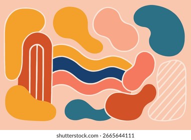 Arte abstracto moderno que presenta un collage de Formas y patrones redondeados y coloridos sobre un fondo de melocotón.