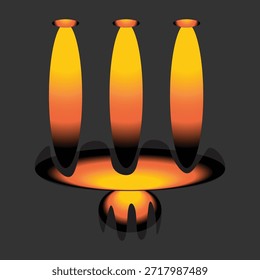 Moderne abstrakte Kunst mit drei Farbverlauf-gelben Säulen und einer spitzen Basis mit warmer Beleuchtung auf dunklem Hintergrund.