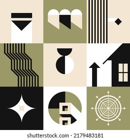Modern abstract art, grid or geometric shapes with simple forms and lines composition. Retro or vintage artwork, Bauhaus or mid century design. House and wheel, circles. Vector in flat style