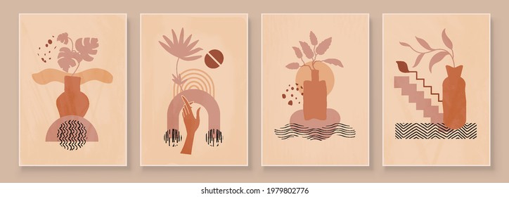 Modern Abstract Art Organic Illustration. Set of aesthetic bauhaus painting wall art for house decoration. Minimalistic canvas background design. Vector wall art shapes in boho style.