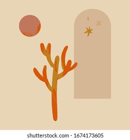 Modern abstract art print. Cactus, moon, desert night scene. Isolated elements. Vector illustration