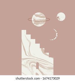 Modern abstract art print. Cosmic minimalistic landscape scene. Isolated elements. Vector illustration