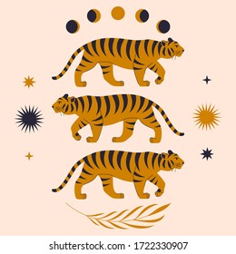 Modern abstract art print with cute tigers, tropical branch, stars, moon phases, sun. Boho style. Cosmic minimalistic scene. Protect wild animals poster. Golden color clipart image. Magic concept.
