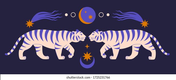 Modern abstract art print with cute chinese tigers, stars, comets, crescent moon. Boho asian style. Cosmic minimalistic scene. Isolated elements. Protect wild animals poster. Magic mystery concept.