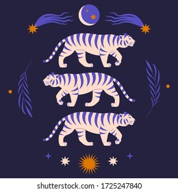 Modern abstract art print with cute tigers, tropical branch, stars, moon, comets. Boho style. Cosmic minimalistic scene. Protect wild animals poster. Beautiful animal print design. Magic concept. 