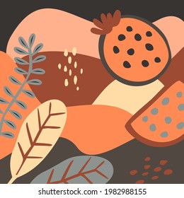 diseño moderno de impresión de arte abstracto con formas onduladas y plantas, frutas