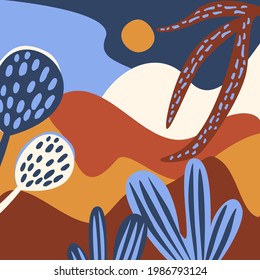 modern abstract art print design with wavy shapes and plants