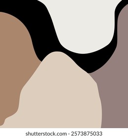 modern abstract art print featuring an organic arrangement of wavy, irregular shapes in neutral and earthy tones like black, white, beige, taupe, and brown, perfect for modern interiors