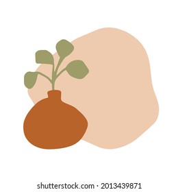 Modern abstract art print. Hand drawn illustration. Warm earthly palette. Beige, cream, green, brown. Crock with plant with abstract simple shape. 