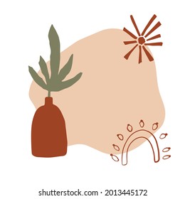 Modern abstract art print. Hand drawn illustration. Warm earthly palette. Beige, cream, green, brown. Crock with palm leaf with abstract simple shape, line rainbow and painted sun. 