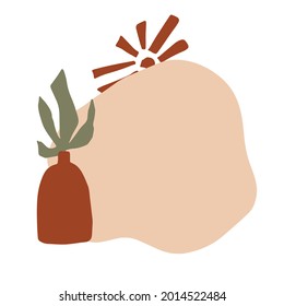 Modern abstract art print. Hand drawn illustration. Warm earthly palette. Beige, cream, green, brown. Crock with palm leaf with abstract simple shape painted sun.