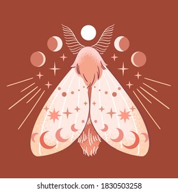 Modern abstract art print with Moon Moth, stars, Luna phases. Boho style. Sacred symbol. Isolated elements. Pastel terracotta colors clipart image. Magic mystic esoteric minimalist concept