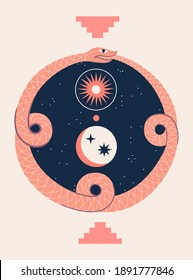 Modern abstract art print with snake Ouroboros eating its own tail. Space, stars, Moon, Sun. Boho style. Cosmic minimalistic scene. Pastel colors clipart image. Magic mystic esoteric ancient concept.