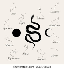 Modern abstract art print with snake and stars, Moon, constellations name. Boho style. Cosmic minimalistic scene. Isolated elements on white. black color clipart image. Magic mystic esoteric concept
