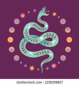 Modern abstract art print with snake, tropical branch, stars, Moon phases. Boho style. Cosmic minimalistic scene. Isolated elements. Magic mystic esoteric concept. Green witch style background