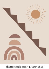 Modern abstract art print with sun, staircase and rainbow. Vector  illustration on creame  background. Mixed media collage