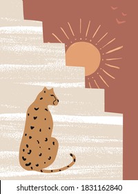 Modern abstract art print with sun, staircase and leopard. Vector  illustration. Mixed media collage. Clipart image, t-shirt print