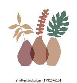 Modern abstract art print with vase and leaf. Vector illustration on white background. Mixed media collage