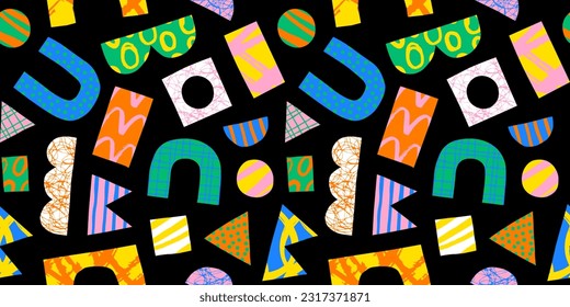 Modern abstract art seamless pattern illustration with colorful hand drawn shapes. Trendy contemporary background , random freehand doodle drawings, basic collage shape children design.